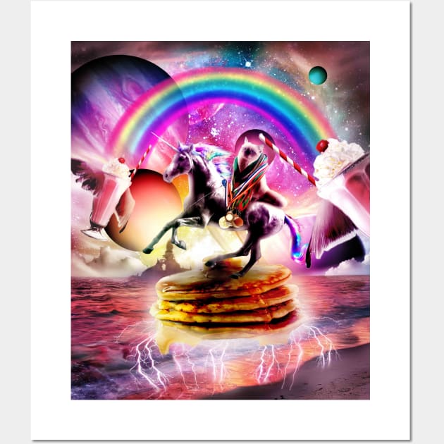 Cat Riding Unicorn With Pancakes And Milkshake Wall Art by Random Galaxy